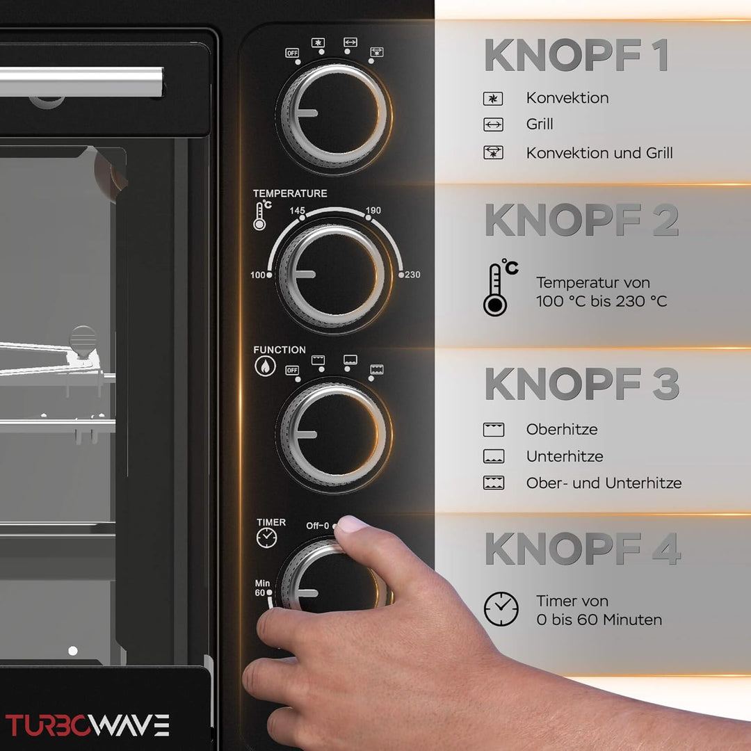 TurboTronic Minibackofen mit Umluft 35l schwarz 1600W, Mini Backofen mit 2 Backblechen, Timer, Pizza