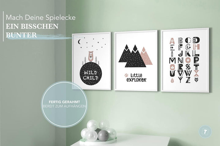Papierschmiede® Kinderbilder 3er Set, A3 gerahmt in Holzrahmen (weiss), Geschenk für Jungen &amp; Mädche