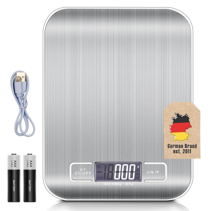 Intirilife Digitale Küchenwaage 5 kg -Silber- Wiederaufladbar per USB & Batteriebetrieb- Elektronisc