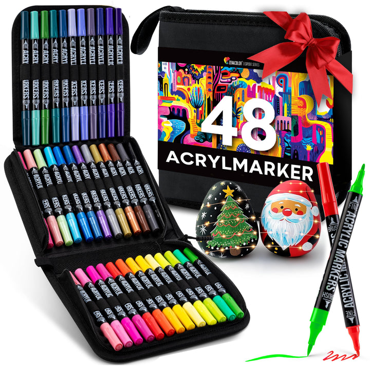 Zenacolor 48 Acrylstifte für Steine wasserfest mit Doppelspitze (feine Spitze und Pinsel) - Acrylsti