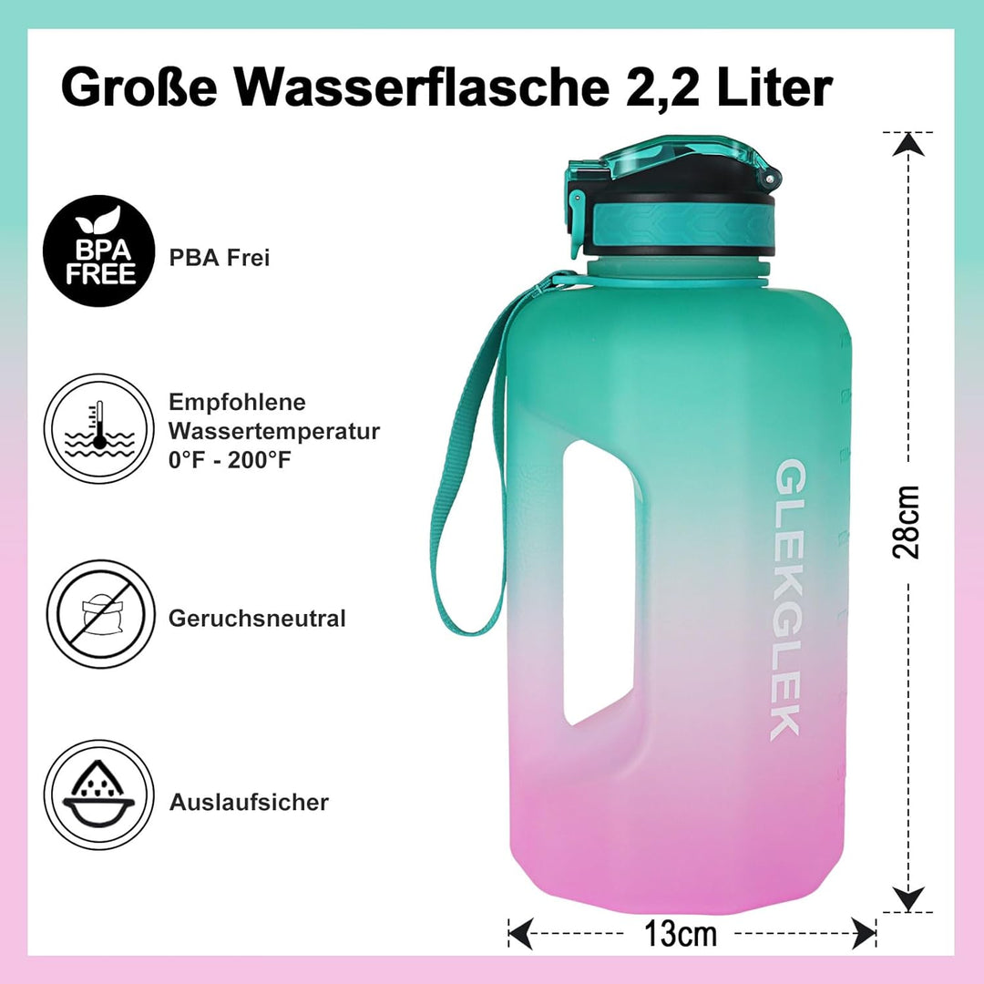 2.2 Liter Trinkflasche mit Strohhalm, BPA Freie Grosse Wasserflasche Auslaufsichere für Fitnessstudi