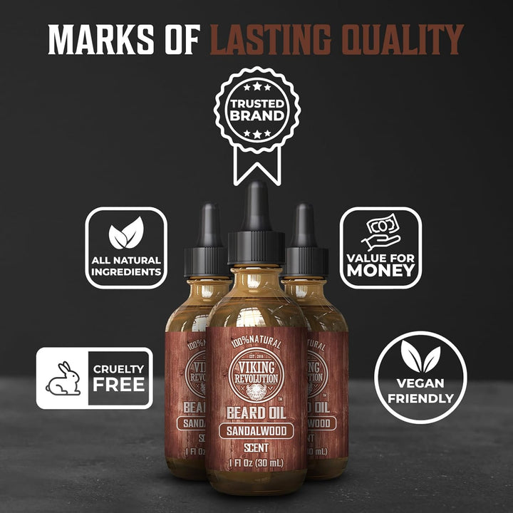 Viking Revolution Sandalwood Beard Oil for Men - Natural Mens Beard Oil with Argan Oil and Jojoba Oi
