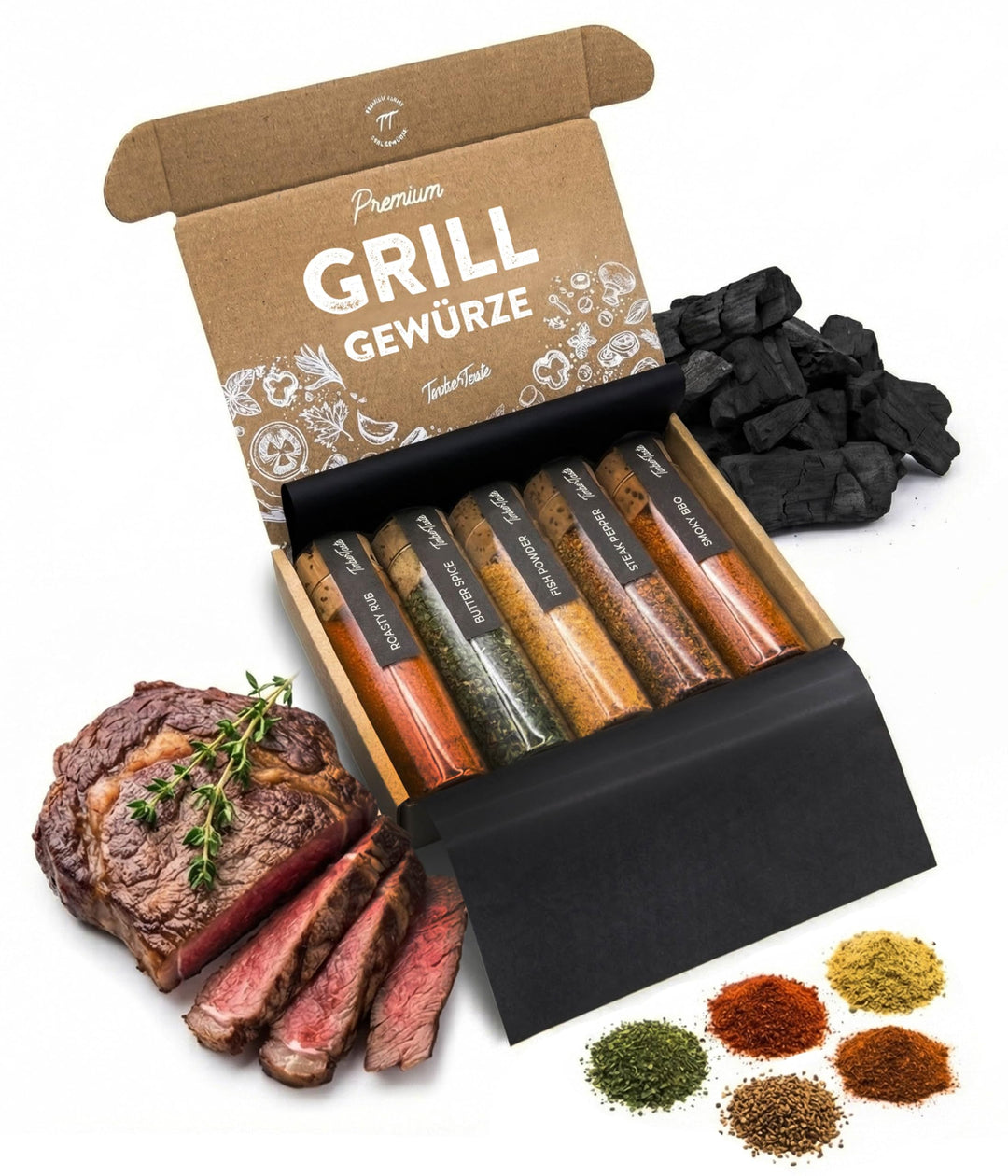 TIMBER TASTE® Grill Gewürze Geschenkset Frauen & Männer | 5 erlesene BBQ Grillgewürze inkl. Rezepte