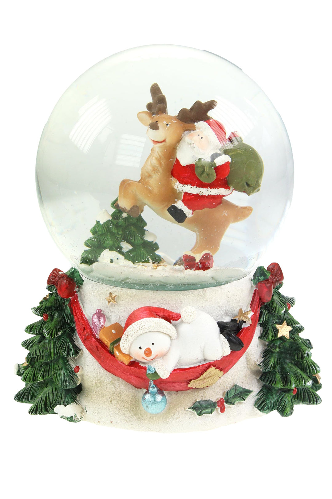 Schneekugel/Spieluhr 100mm mit Weihnachtsmann/Rentier– 14,5 cm Höhe, Mit Schneeflocken-Effekt und We