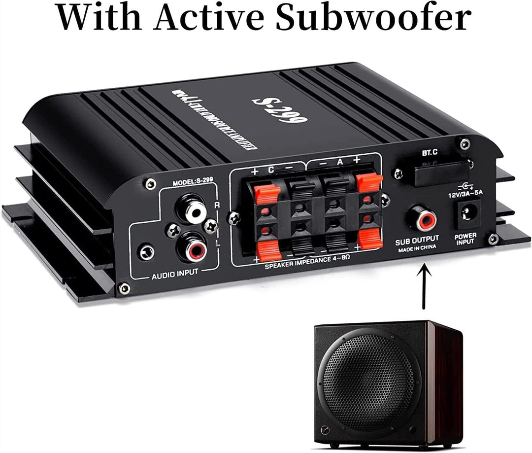Etlephe 4.1 Kanal 1600W Mini Verstärker,Bluetooth 5.0 Verstärker 50Wx4 + aktiver Subwoofer, Hi-Fi In