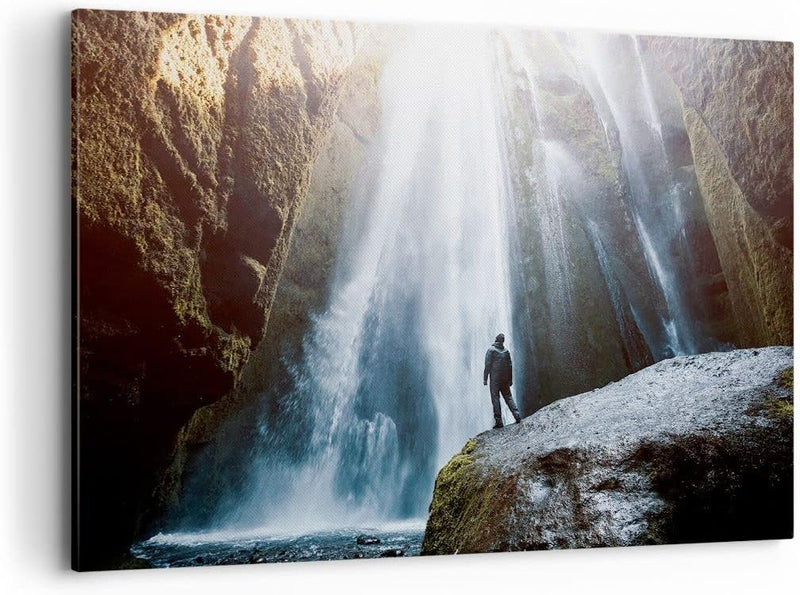 Bilder auf Leinwand 100x70cm Leinwandbild mit Rahmen Berg Wasserfall Gross Wanddeko Bild Schlafzimme