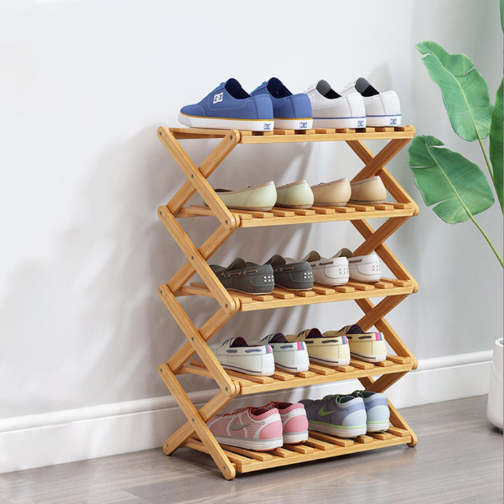 Schuhregal aus Bambus mit 5 Ebenen, tragbar, zusammenklappbar, ohne Installation, kleines Schuhregal