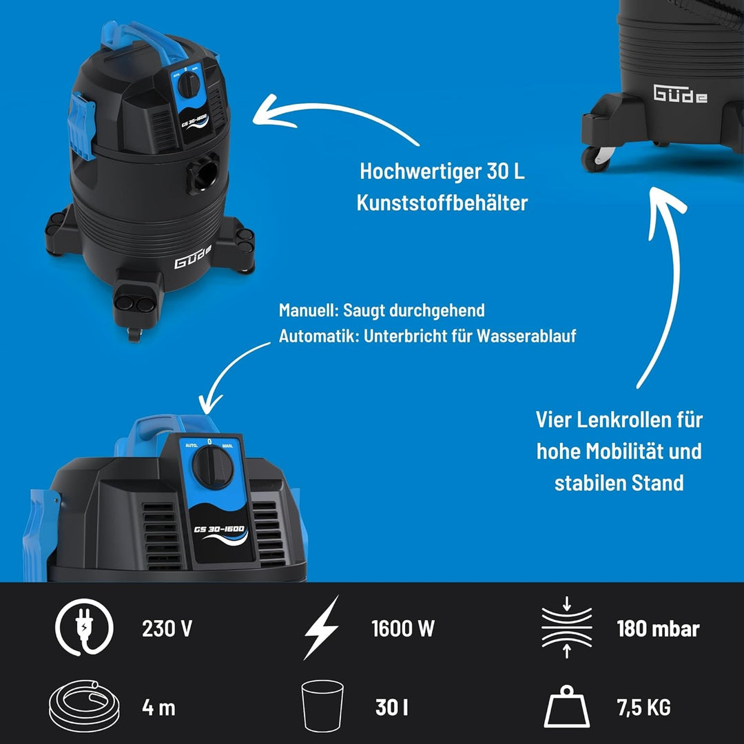 Güde GS 30-1600 3 in 1 Schlammsauger – 230 Volt, 1600 Watt, 180 Millibar Unterdruck, 30 Liter Behält