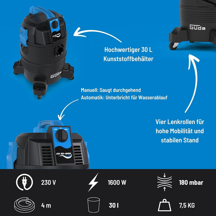 Güde GS 30-1600 3 in 1 Schlammsauger – 230 Volt, 1600 Watt, 180 Millibar Unterdruck, 30 Liter Behält
