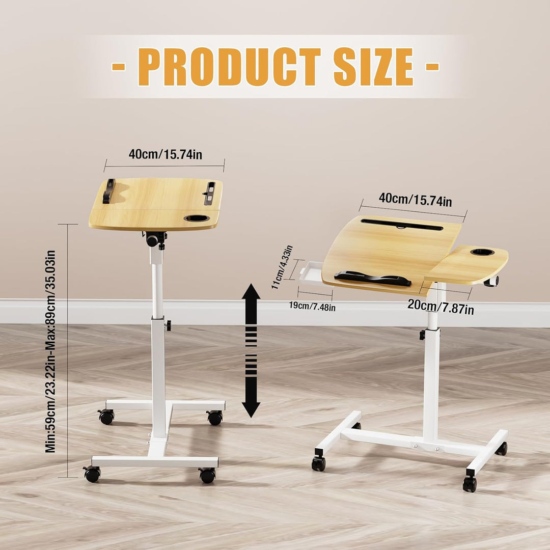 Laptoptisch höhenverstellbar, Mobiler Beistelltisch mit Schubladen, Mobiler Stehpult mit rollbar, Be
