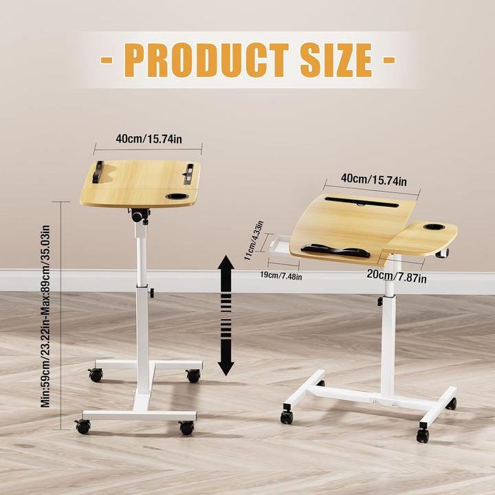 Laptoptisch höhenverstellbar, Mobiler Beistelltisch mit Schubladen, Mobiler Stehpult mit rollbar, Be