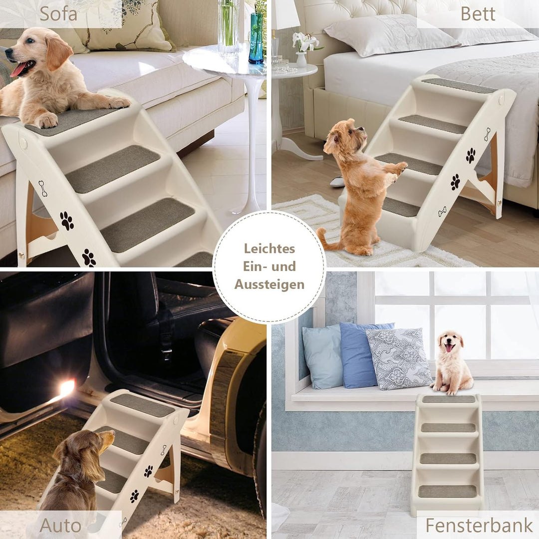 COSTWAY 4-stufige Haustiertreppe mit Teppichboden, Hundetreppe Kunststoff Katzentreppe faltbar, Hund