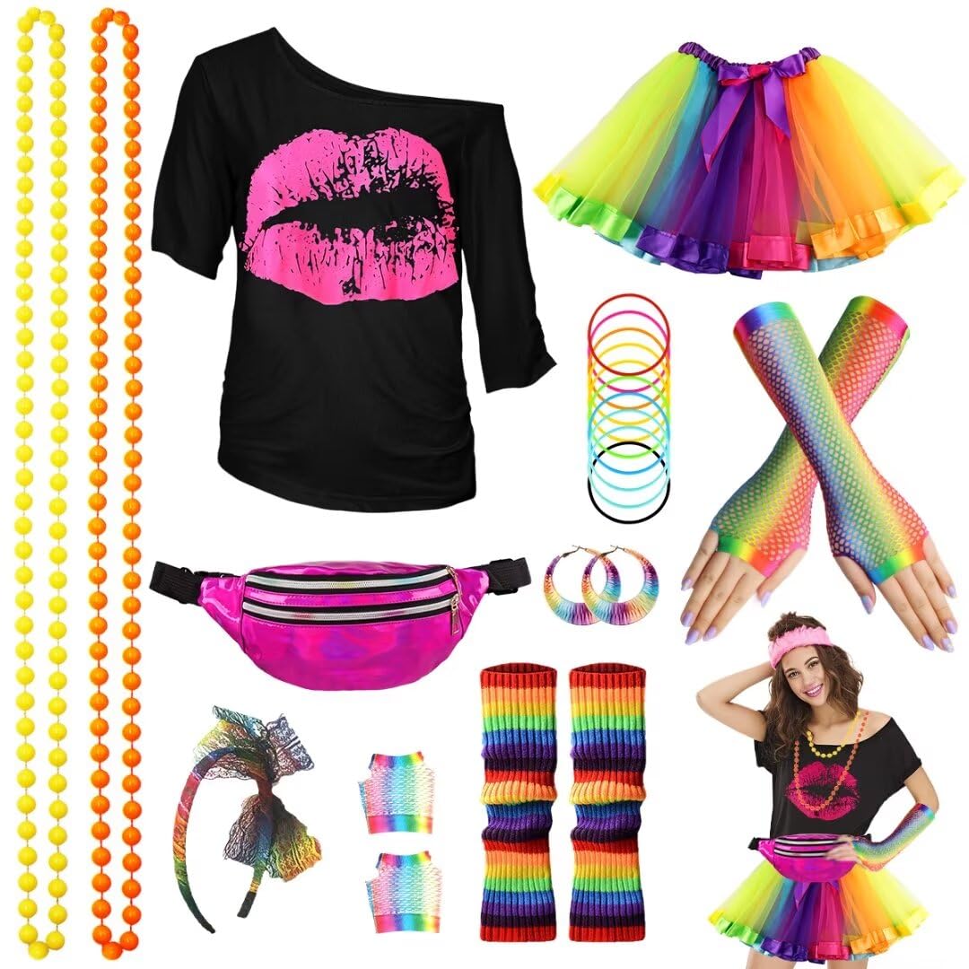WILDPARTY 80er Jahre Outfit Damen Set, T-Shirt, Tutu, Gürteltasche, Stirnband, Ohrring, Halskette, N