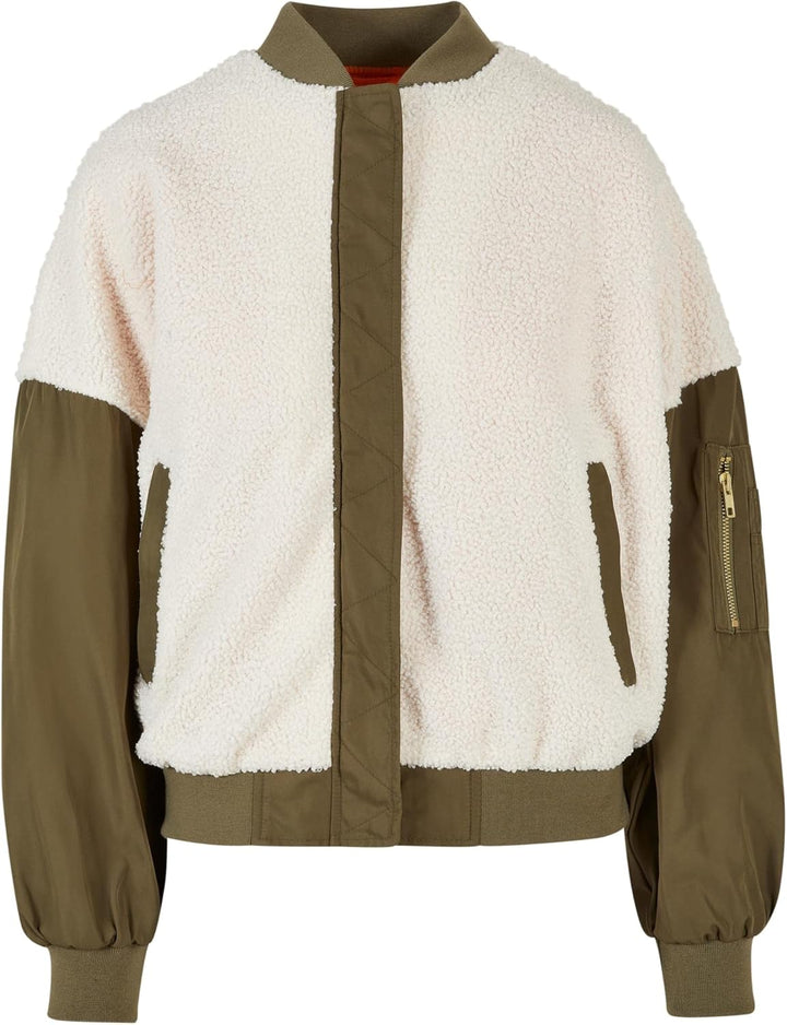 Urban Classics Damen Ladies Oversized Sherpa Mixed Bomber Jacket M whitesand/darkolive, M whitesand/
