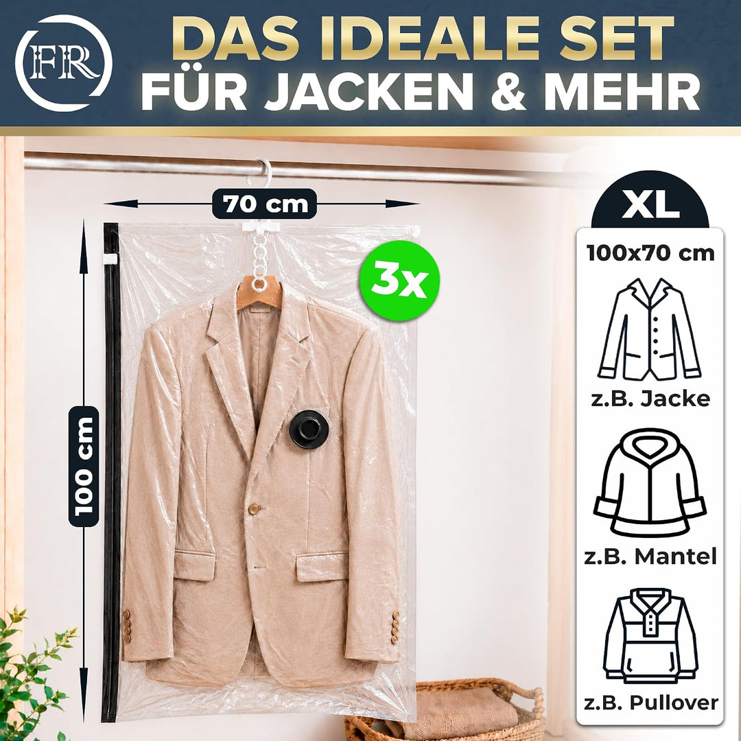 FiRiO Hängende Vakuumbeutel für Kleidung (mit Haken) I 3 STÜCK I Grösse XL: 100x70cm I Grosse Vakuum
