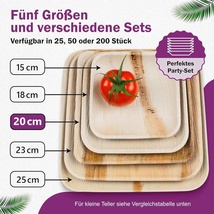 Waipur Bio Palmblatt Geschirr - 200 Teller eckig 20x20 cm - Premium Einweg Geschirr kompostierbar -