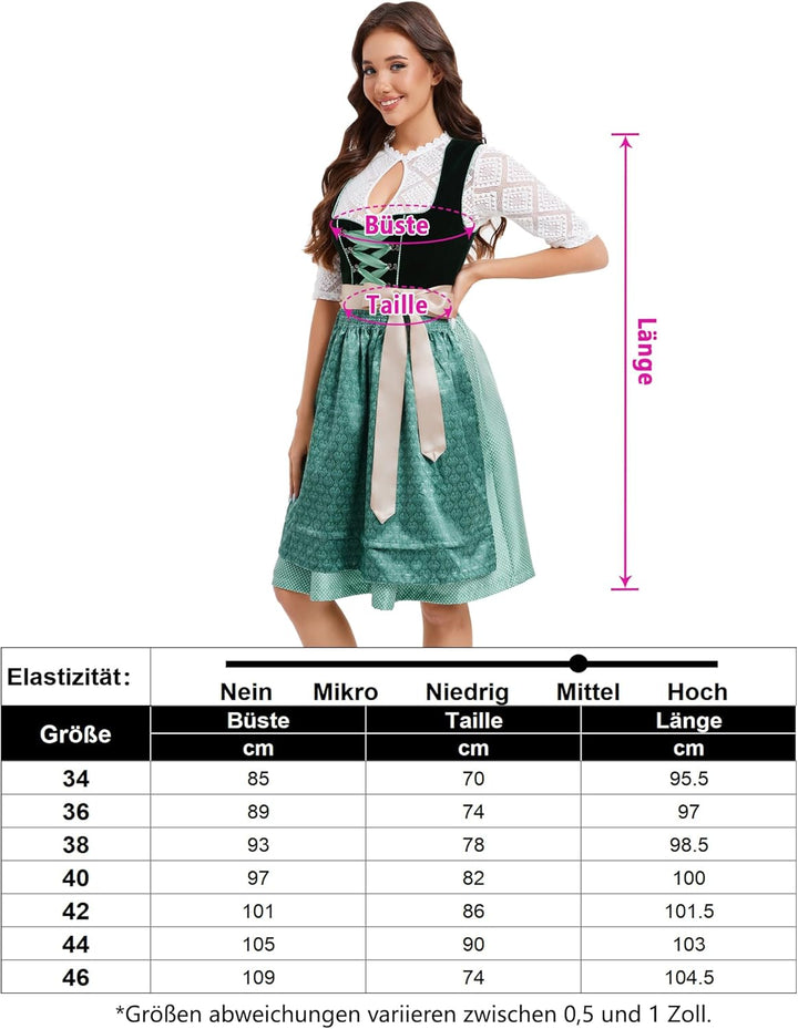 KOJOOIN Dirndl Damen Kurz Trachtenkleid 3tlg. Midi Dirndl für Oktoberfest DREI Teilig: Dirndlkleid,S
