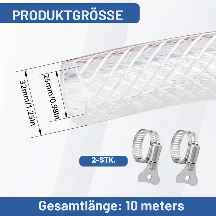 Geflochtener PVC Gewebeschlauch 25x32mm 10 Meter, Transparent Verstärkter Hochdruck Schlauch, Flexib