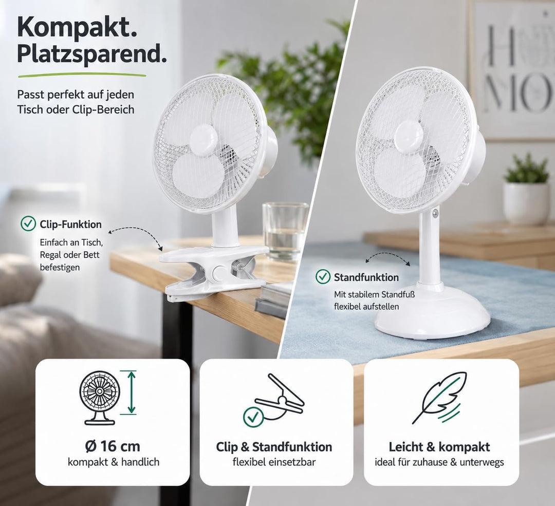 2 in 1 Tragbarer Tischventilator mit Ständer & Clip (20 cm) mit Schwenkfunktion – leiser Ventilator
