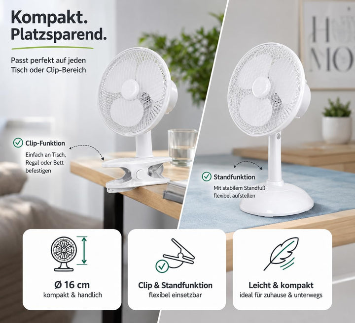 2 in 1 Tragbarer Tischventilator mit Ständer & Clip (20 cm) mit Schwenkfunktion – leiser Ventilator