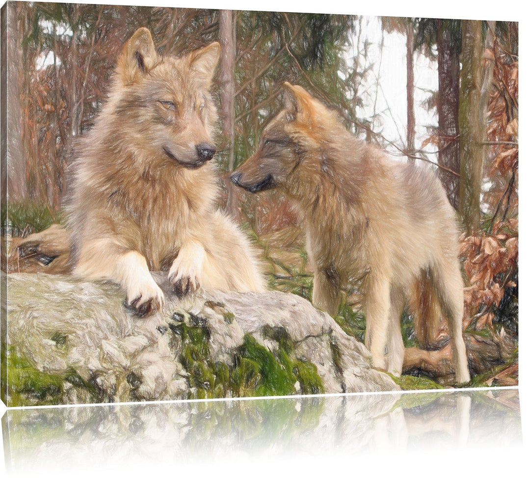 Pixxprint Wölfe im Wald / 100x70cm Leinwandbild bespannt auf Holzrahmen/Wandbild Kunstdruck Dekorati