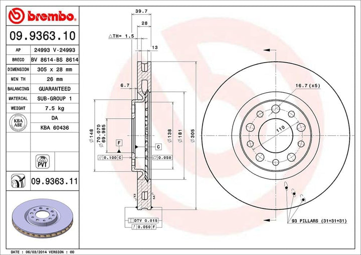 Brembo 09.9363.11 COATED DISC LINE Bremsscheibe - Paar
