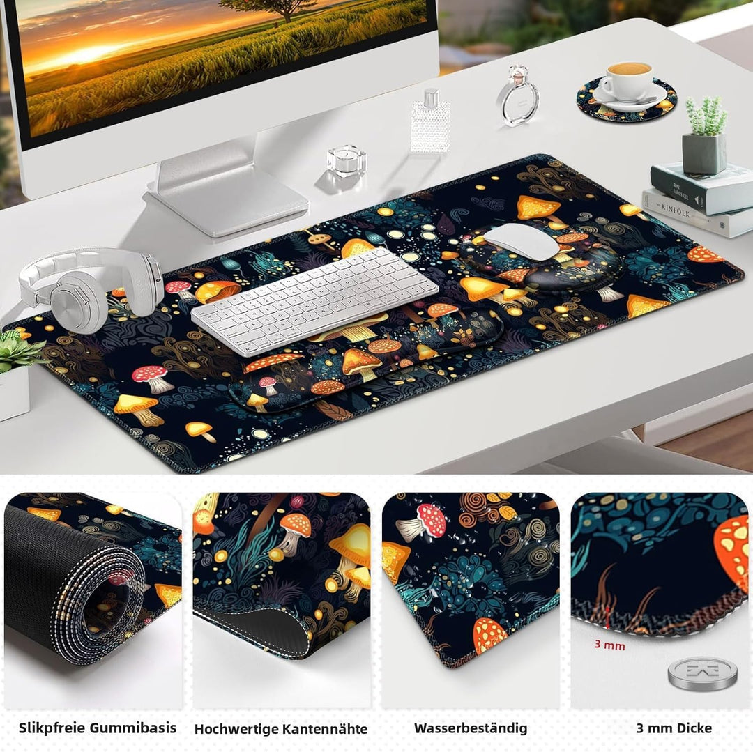 4-in-1 Mauspad Set, Mauspad mit Gelkissen+Handballenauflage Tastatur+Untersetzer+Grosses Mauspad Mou