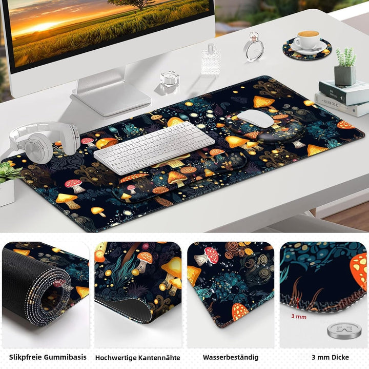 4-in-1 Mauspad Set, Mauspad mit Gelkissen+Handballenauflage Tastatur+Untersetzer+Grosses Mauspad Mou