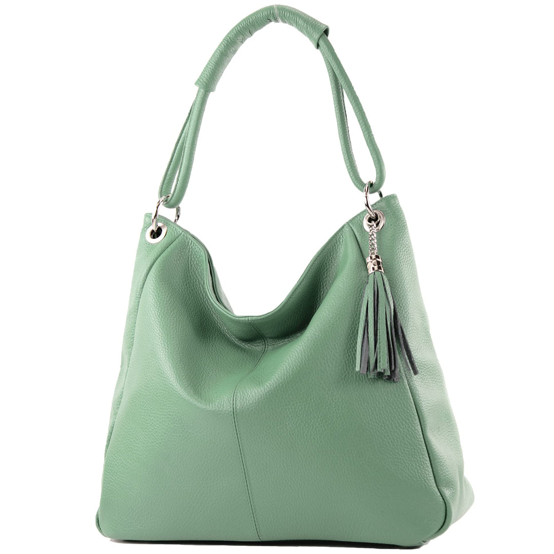 modamoda de - T165 - ital Schultertasche Gross Shopper Leder Graugrün, Graugrün