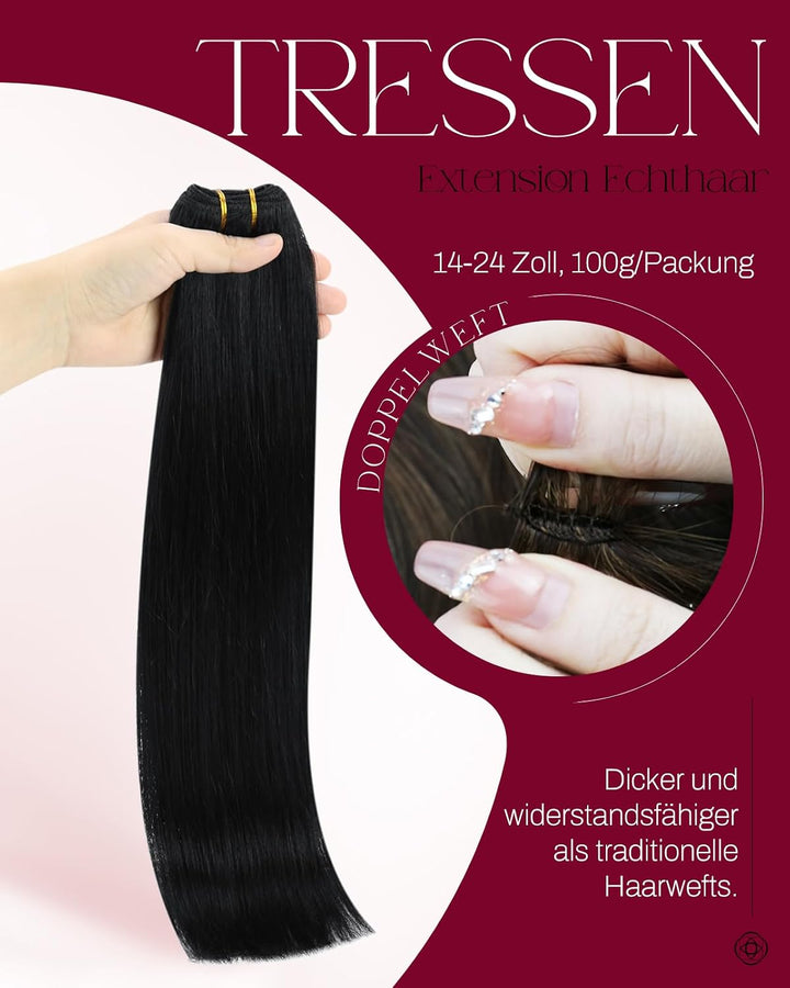 Moresoo Echthaar Tressen zum Einnähen Schwarz 35 cm Haarverlängerungen Echthaar Weave Extensions Nat
