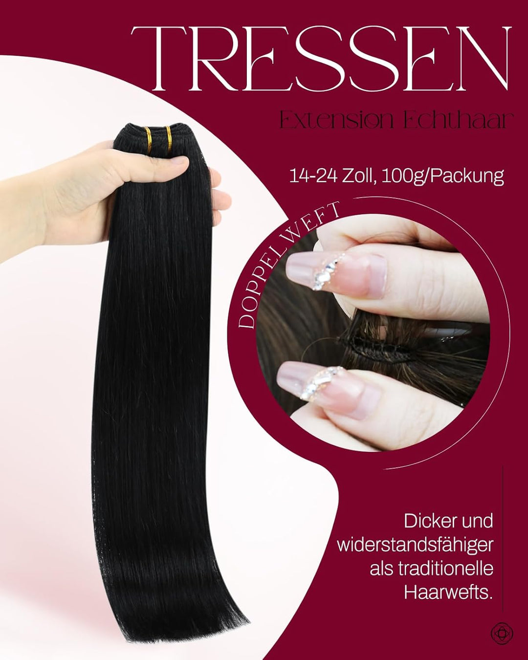 Moresoo Echthaar Tressen zum Einnähen Schwarz 60 cm Haarverlängerungen Echthaar Haartressen Natürlic
