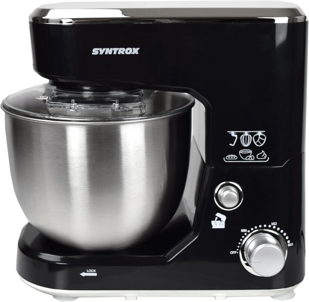 Syntrox Germany KM-1000W Küchenmaschine Knetmaschine Mixer, Edelstahl-Behälter, 5 Liter, schwarz