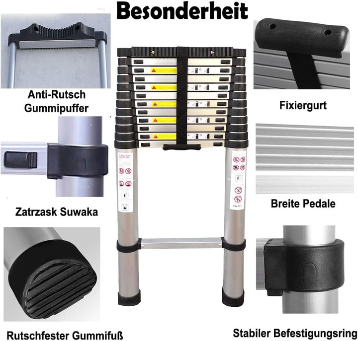 Hooha 5,1M Aluminium Leiter Ausziehbar mit Anti-rutsch Gummipuffer Tragbar Teleskopleiter Belastung