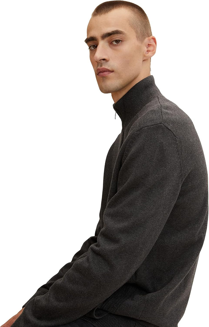 TOM TAILOR Herren Organic Cotton Cardigan with Stand-Up Collar S 10617 - Black Grey Melange, S 10617