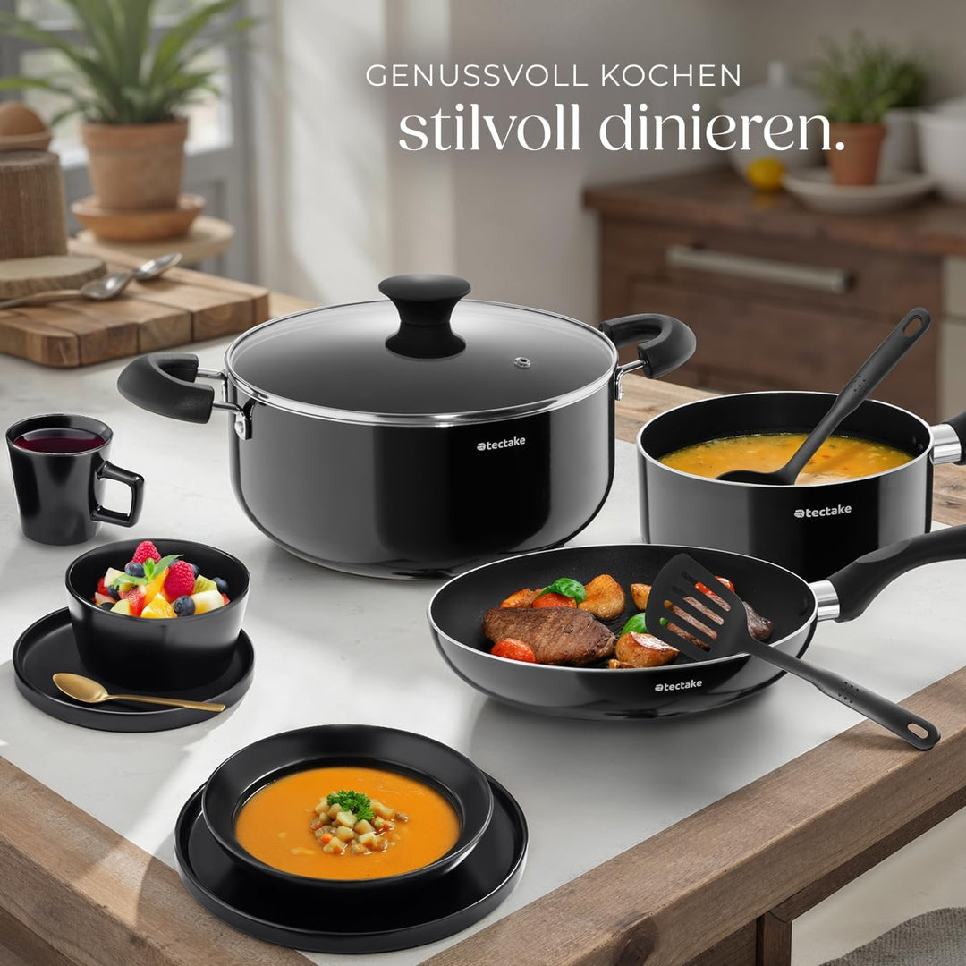 tectake® Küchenstarterset 6 Personen, Steingut Geschirr Set, Teller, 4 Töpfe 2 Pfannen rostfreies Al