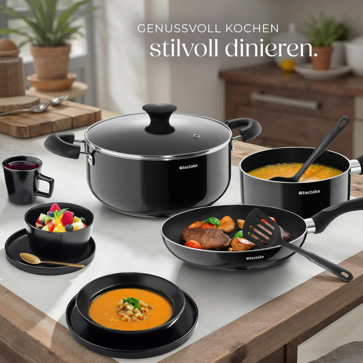 tectake® Küchenstarterset 6 Personen, Steingut Geschirr Set, Teller, 4 Töpfe 2 Pfannen rostfreies Al