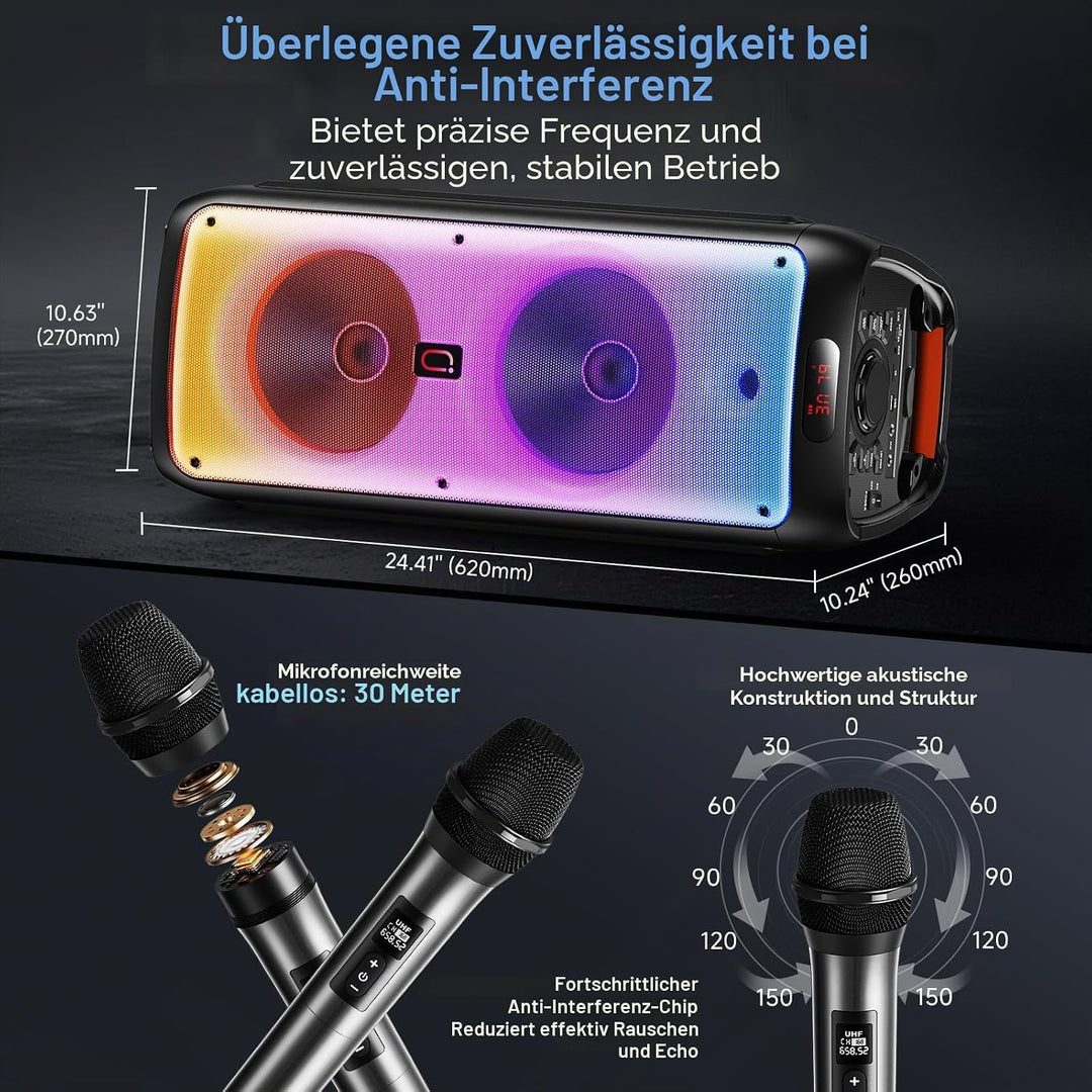 JYX Karaoke Maschine mit 2 Mikrofonen, LED Licht – Bluetooth 5.3, TF/USB/AUX/TWS/LIVE, Karaoke Box &