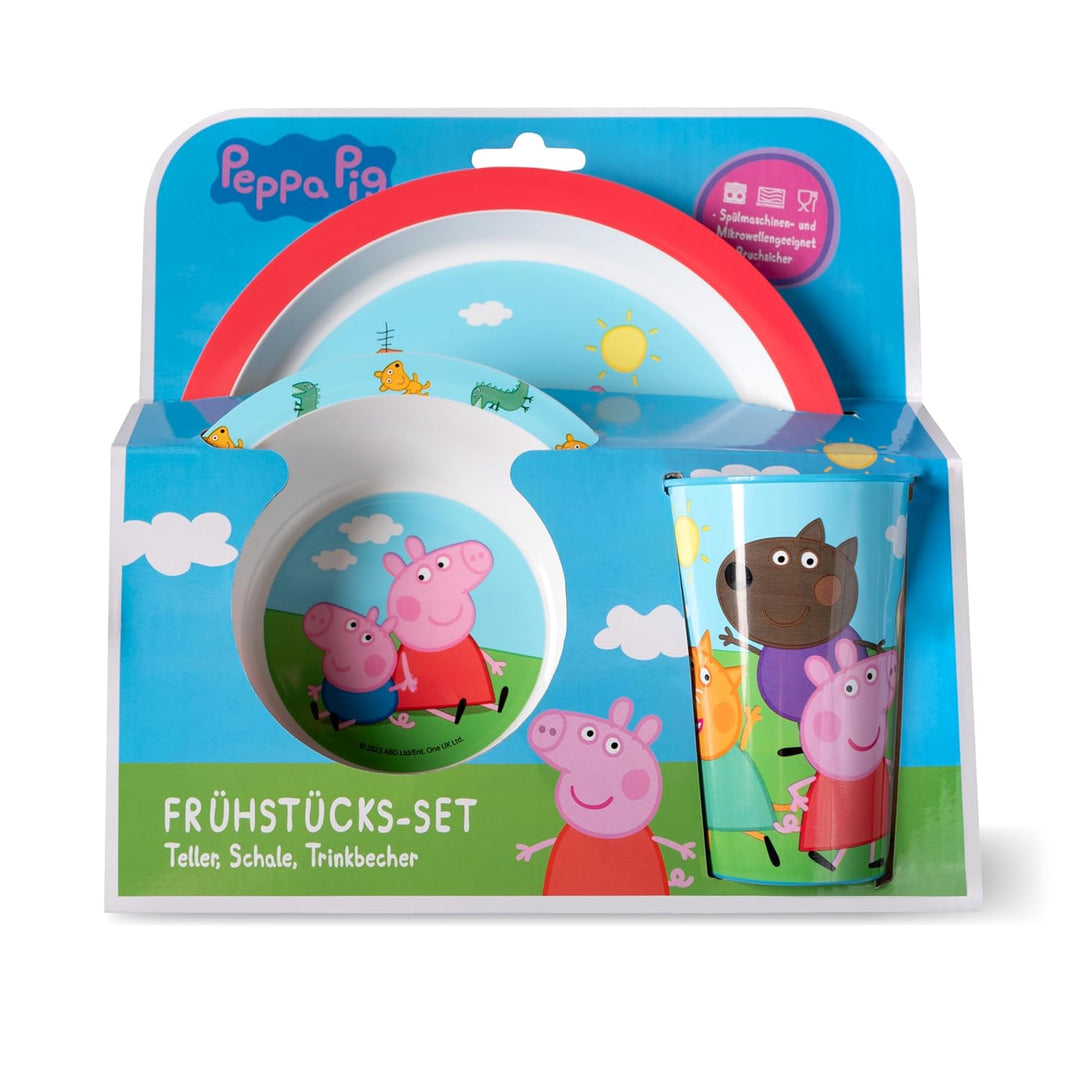 Peppa Wutz Kindergeschirr Set 3-teilig - Frühstücksset mit Teller, Schale und Becher - Kindergeschir