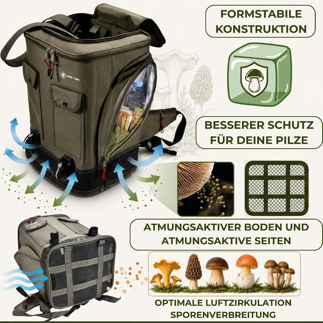 Pilz Tasche [38L Volumen &amp; Belüftetes Mesh-System] | Pilztasche mit stabiler Struktur &amp; Tragesystem