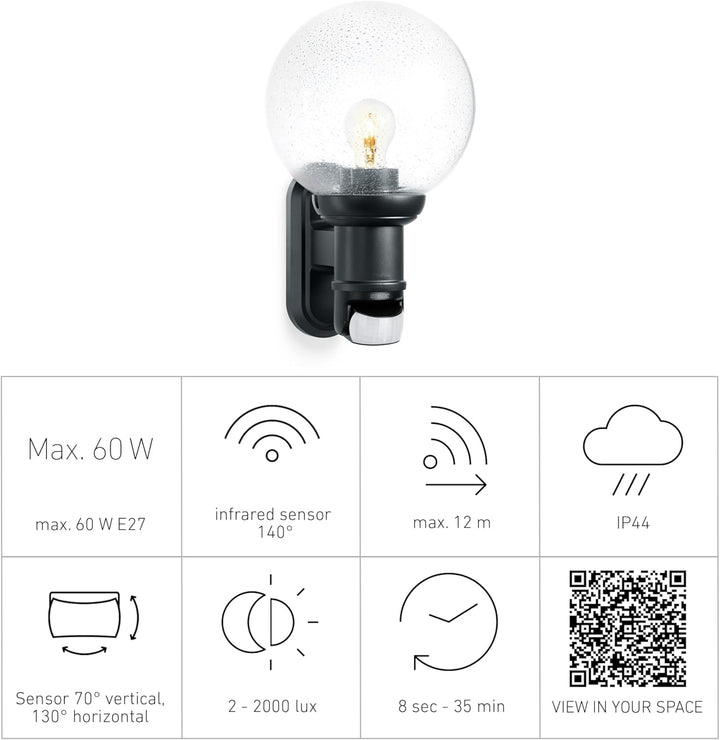 Steinel Aussenleuchte L 560 S schwarz, max. 60 W, E 27 , 140° Bewegungsmelder, 12 m Reichweite, klas