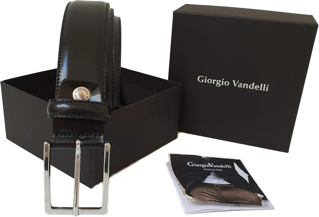 Herren-Gürtel aus echtem Leder, schwarz, glänzend, hergestellt in Italien, 35 mm, 105cm Waistline -
