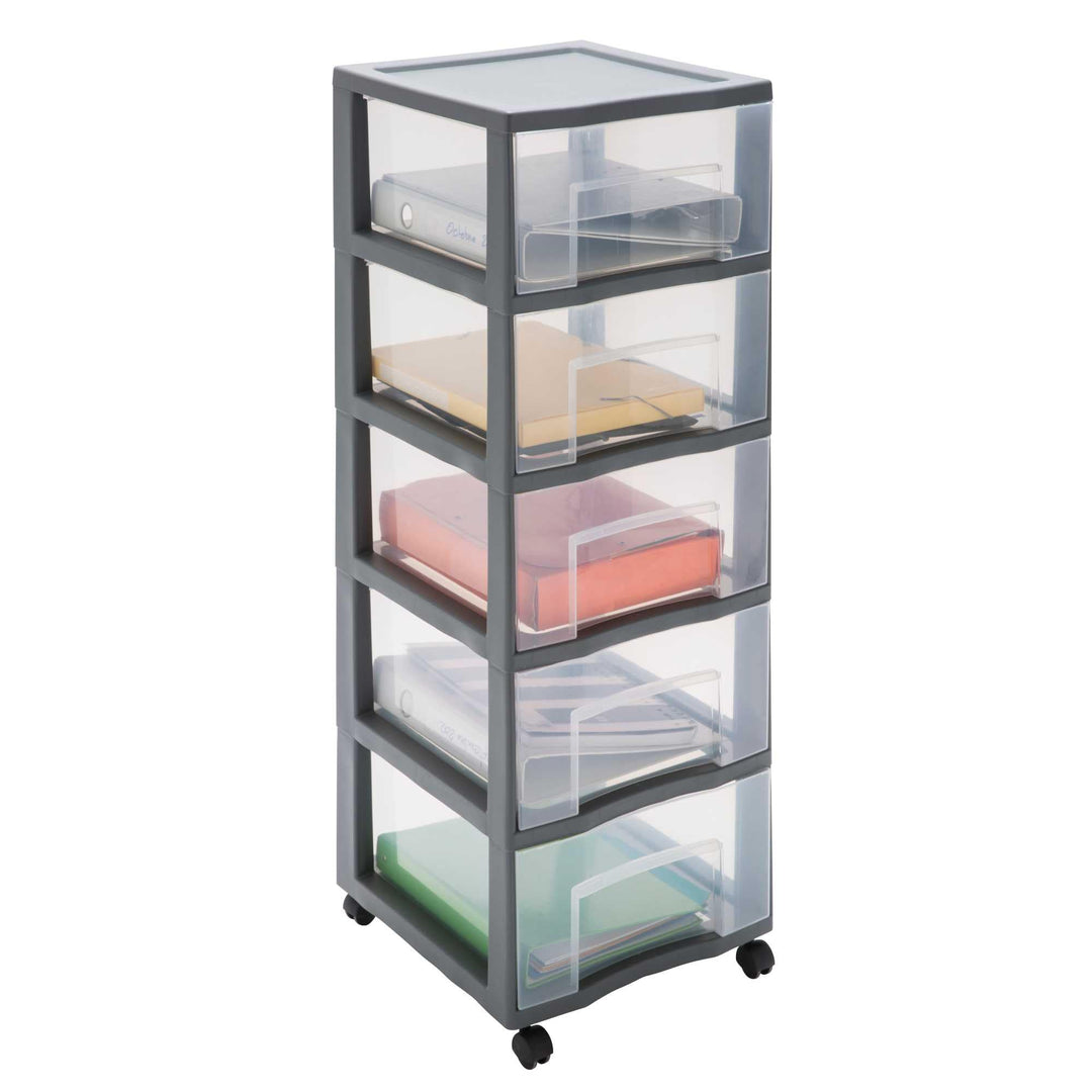 SUNDIS Tag Tower XL, schubladenbox aus Kunststoff mit Rädern, grau, 5 transparente Schubladen, Höhe