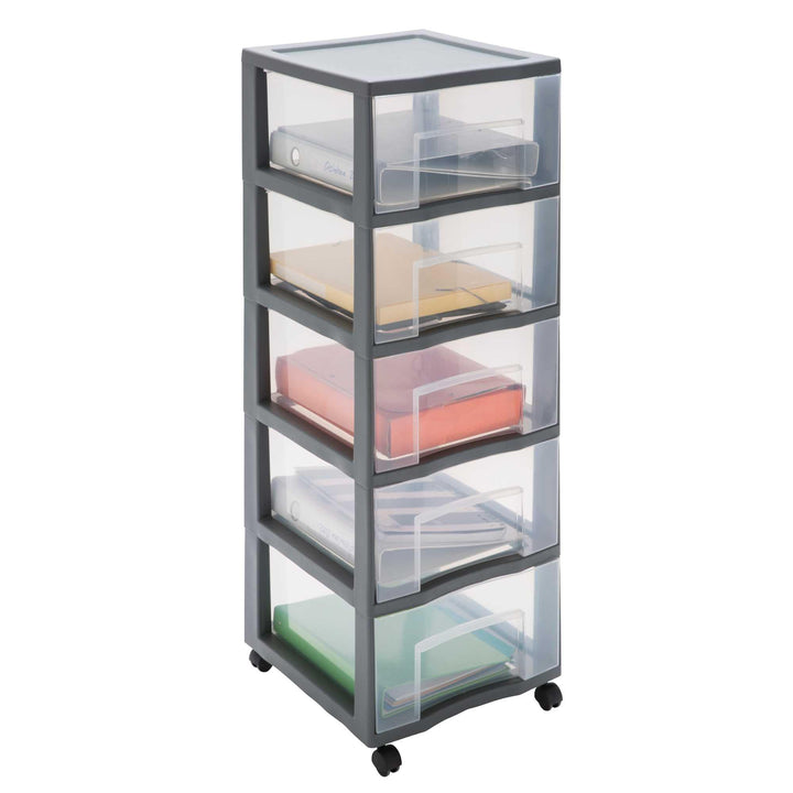 SUNDIS Tag Tower XL, schubladenbox aus Kunststoff mit Rädern, grau, 5 transparente Schubladen, Höhe