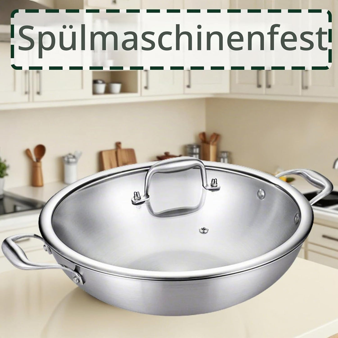 Servierpfannen 32cm,Bräter mit Deckel,Edelstahl Pfanne,Zweihandgriff Dreischicht Edelstahl Kochpfann