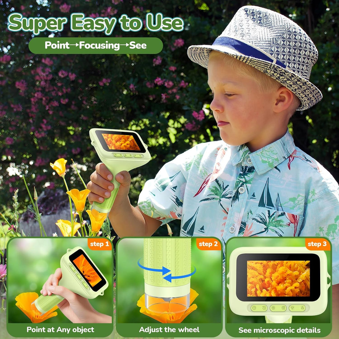 Digitales Mikroskop für Kinder, Mini-Handheld-Miniskop: 1000 x 3 Bildschirme, wiederaufladbar, Mini-