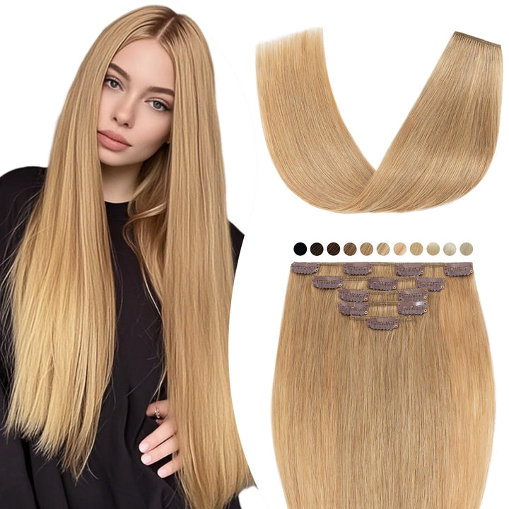 Elailite Echthaar Extensions Clip in #27 Honigblond, 5 Tressen Remy Haarverlängerung mit 12 Clips, 4