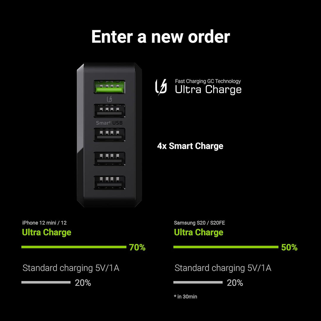 USB-A Ladegerät 52W 5 Port USB Green Cell Power Adapter mit Quick Charge 3.0 Handy Schnellladegerät