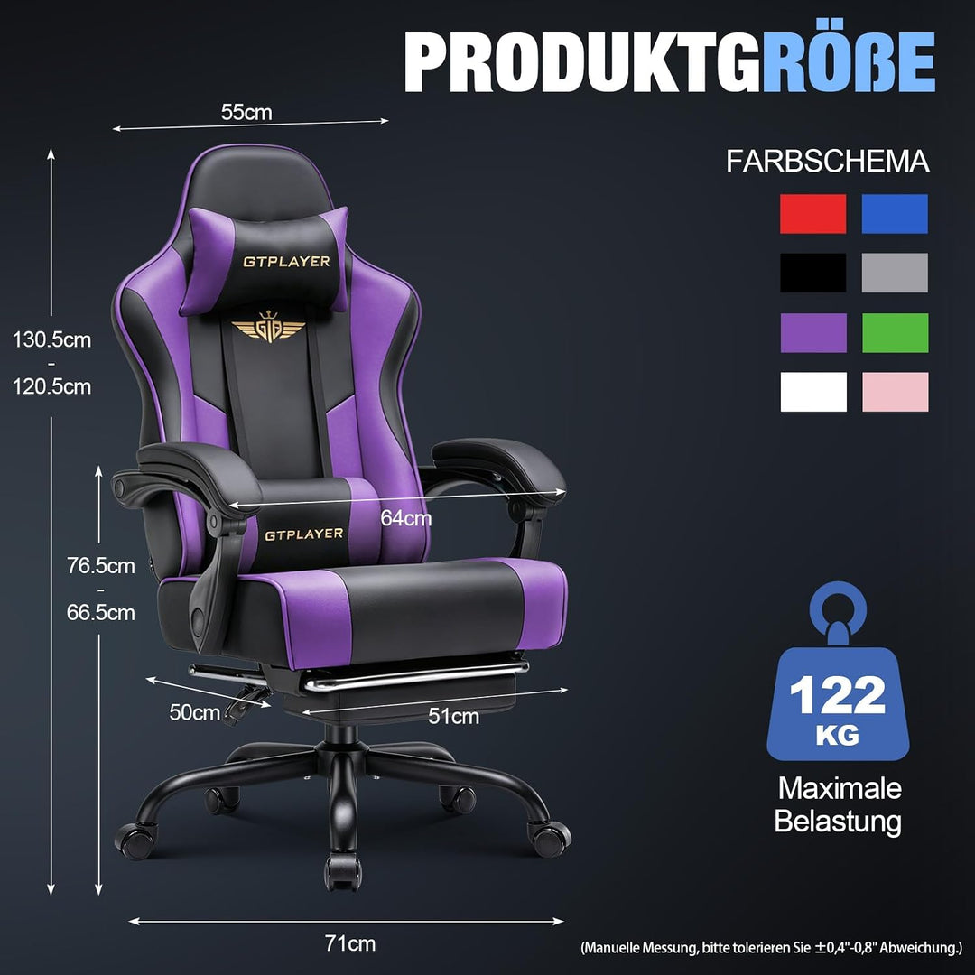 GTPLAYER Gaming Stuhl Chair Gamer Sessel - Ergonomischer Gamer Stuhl mit Fussstütze Kopfstütze und L