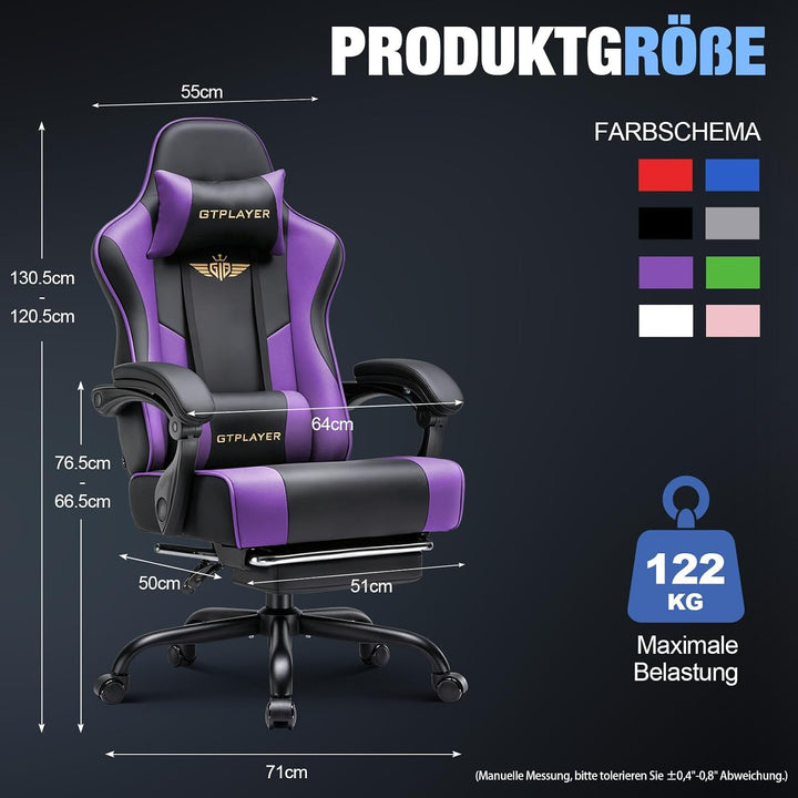 GTPLAYER Gaming Stuhl Chair Gamer Sessel - Ergonomischer Gamer Stuhl mit Fussstütze Kopfstütze und L