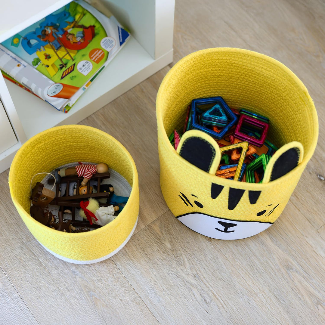 HMF Aufbewahrungskorb mit versteckten Griffen, 3er Set, Korb für Kinderzimmer aus Baumwolle | Tiger